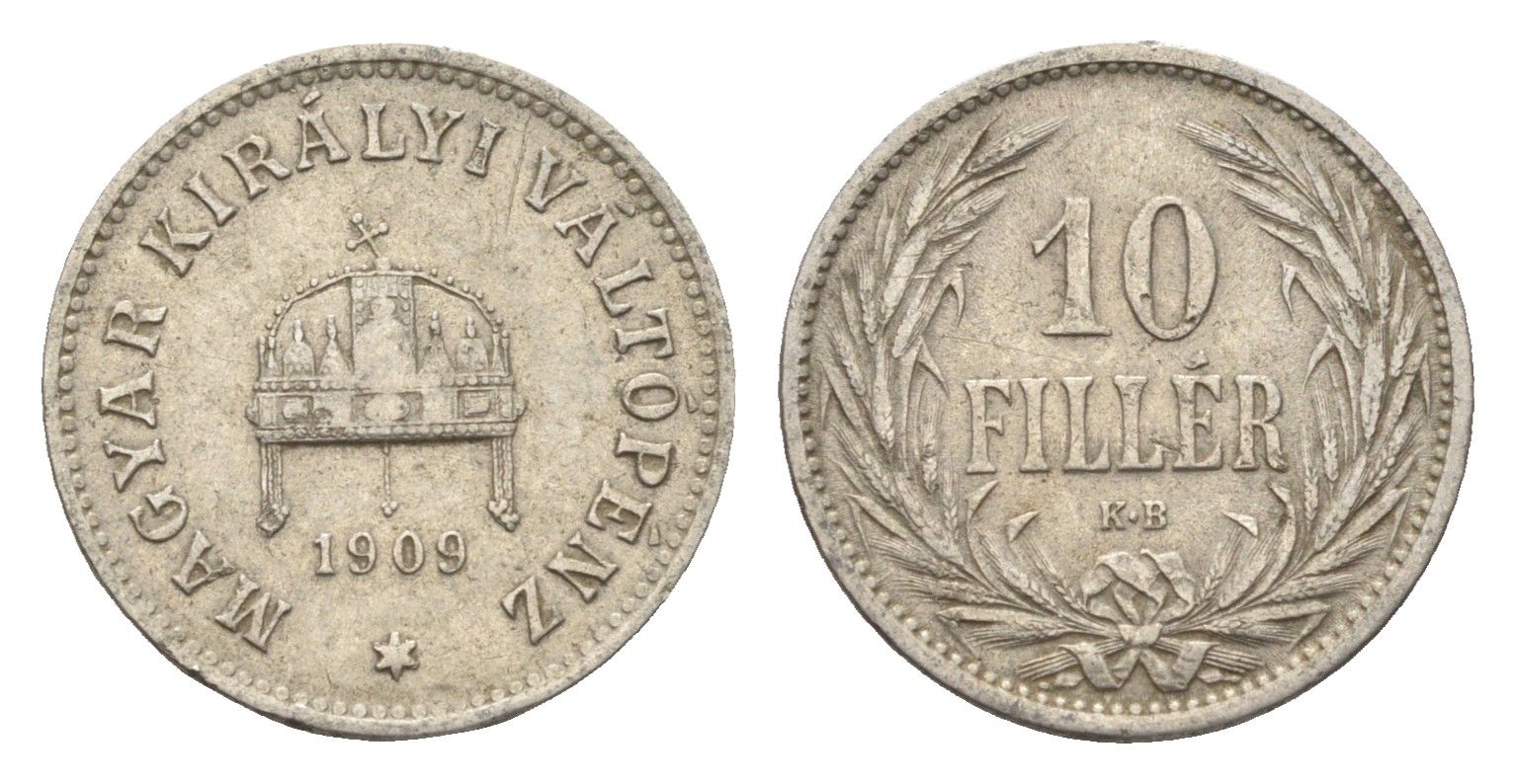 Венгрия 10 филлеров 1909 KB, Франц Иосиф I (1848-1916) KM 482 никель 4665-724