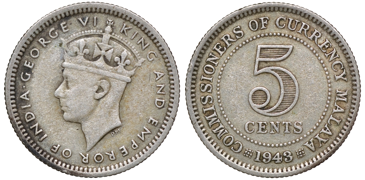 Британская Малайя 5 центов 1943 Георг VI (1937-1952) KM 3a серебро 53-116