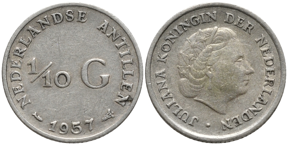 Нидерландские Антилы 1/10 гульдена 1957 Юлиана (1948-1980) KM 3 серебро 4387-959