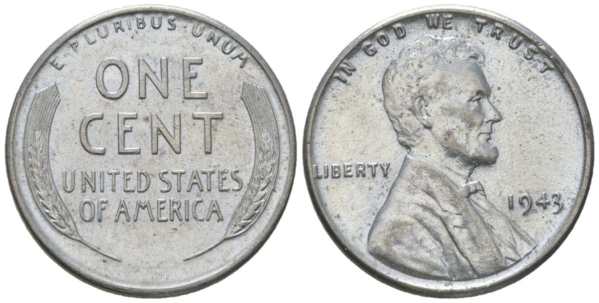 США 1 цент 1943 Авраам Линкольн KM 132 a сталь покрытая цинком aUNC 4580-1169