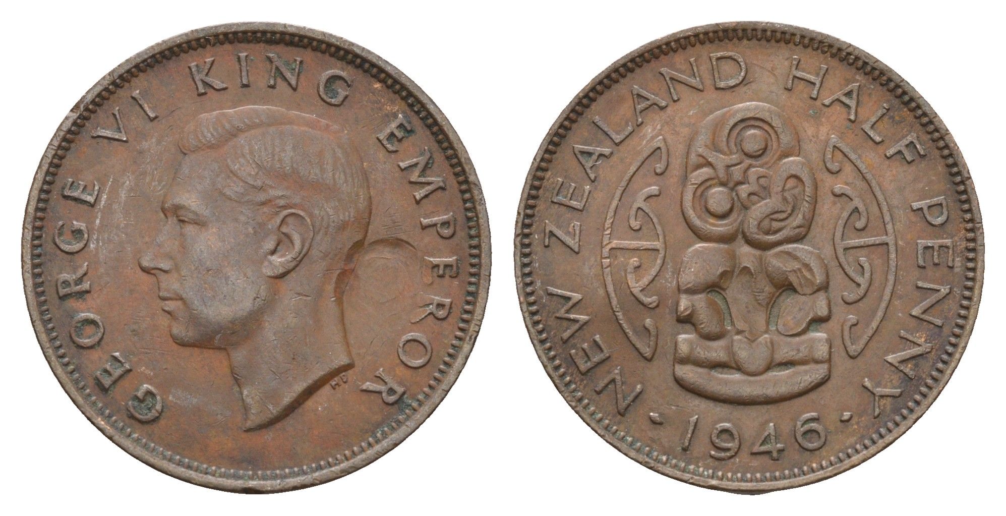 Новая Зеландия 1/2 пенни 1946 Георг VI (1936-1952), божество Хей-Тики KM 12 бронза 89-1512