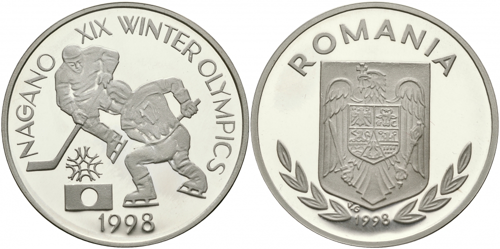 Румыния 100 лей 1998 Олимпийские игры в Нагано, хоккей KM PnE 350 Серебро PROOF 00-822-25