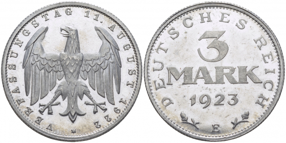 Германия 3 марки 1922 E, третья годовщина Веймарской конституции KM 29, J. 303 алюминий PROOF 00-814-30