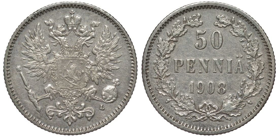 Россия для Финляндии 50 пенни 1908 L, Николай II (1894-1917) КМ 2.2, Биткин 403 серебро 75-828