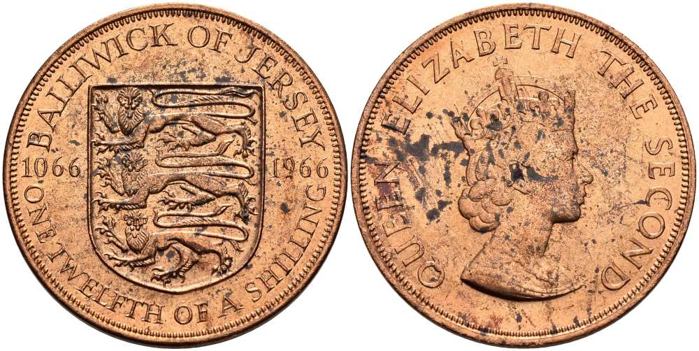 Джерси 1/12 шиллинга 1966 900 лет Нормандскому завоеванию KM 26 бронза UNC 4512-333