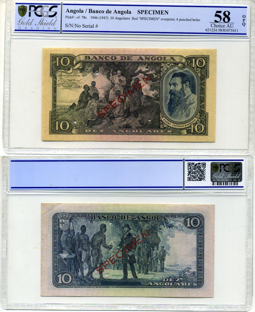 АНГОЛА 10 АНГОЛАРЕЙ 1946 SPECIMEN, в слабе PCGS 58 Choice AU Pick 78s бумага aUNC 00-00