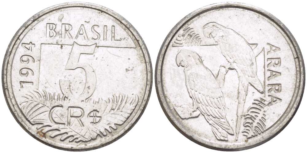 БРАЗИЛИЯ 5 КРУЗЕЙРО РЕАЛ 1994 РЕФОРМА 1993-1994, ПОПУГАИ АРА KM 627 нержавеющая сталь 4388-255