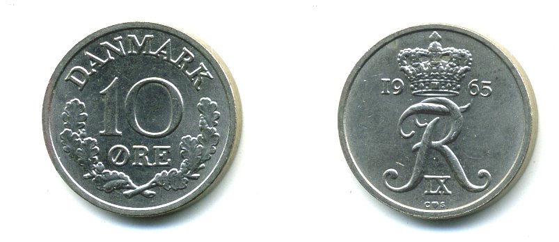 Дания 10 эре 1965 C;S, Фредерик IX (1947-1972) КМ 849.1 медно-никель 71-1539