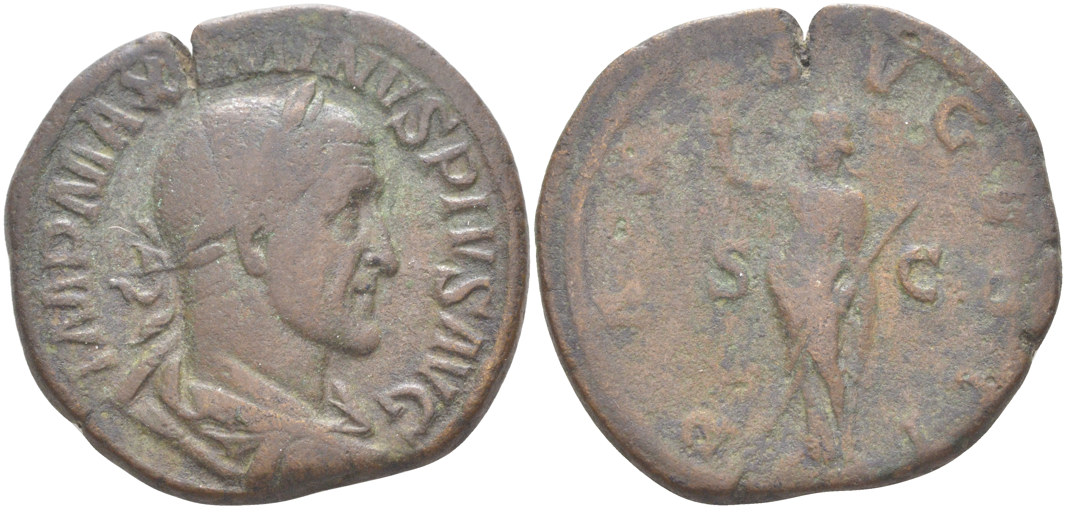 Римская Империя сестерций 235 - 236 Максимин Фракиец, бюст императора, IMP MAXIMINVS PIVS AVG / Пация, богиня Мира, PAX AVGVSTI S C, Рим (из немецкой коллекции 1-й половины XX века) RIC 58c бронза 1073-23-71