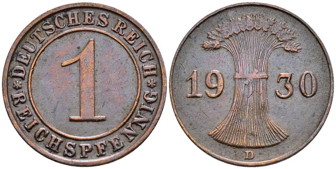 ГЕРМАНИЯ 1 РЕЙХСПФЕННИГ 1930 D KM 37, J. 313, Weege 2 бронза 4547-149