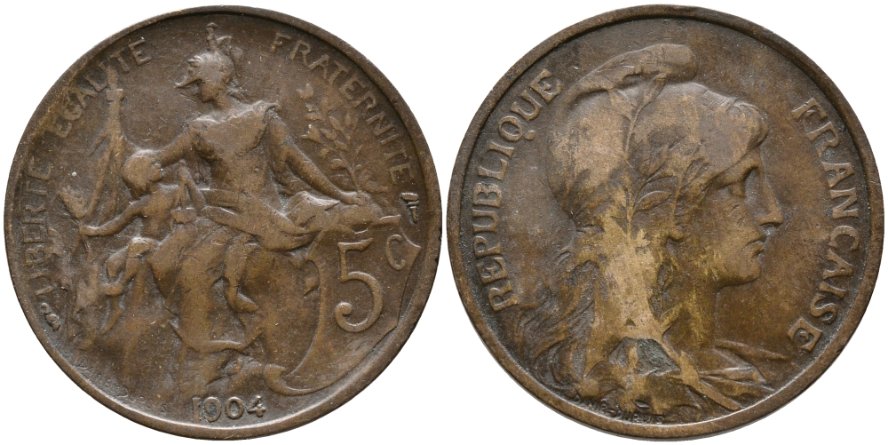 ФРАНЦИЯ 5 САНТИМОВ 1904 ТИП ДАНИЭЛЬ ДЮПЮИ KM 842, LE FRANC 119.14 бронза 28-926