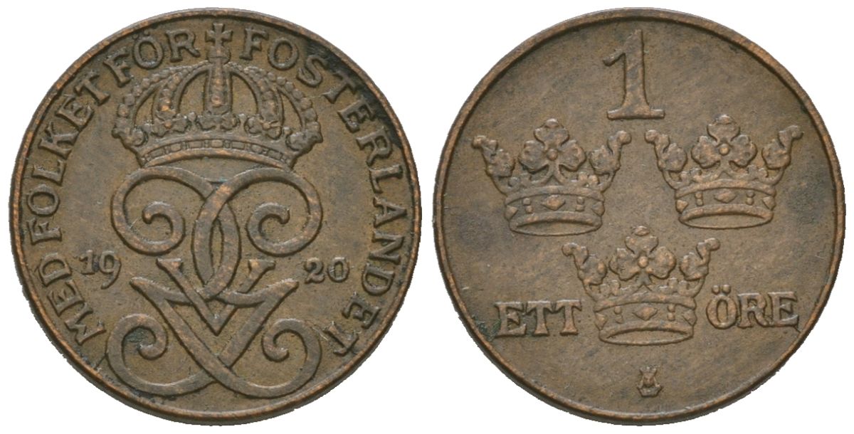 Швеция 1 эре 1920 Густав V (1907-1950) KM 777.2 бронза 4611-347