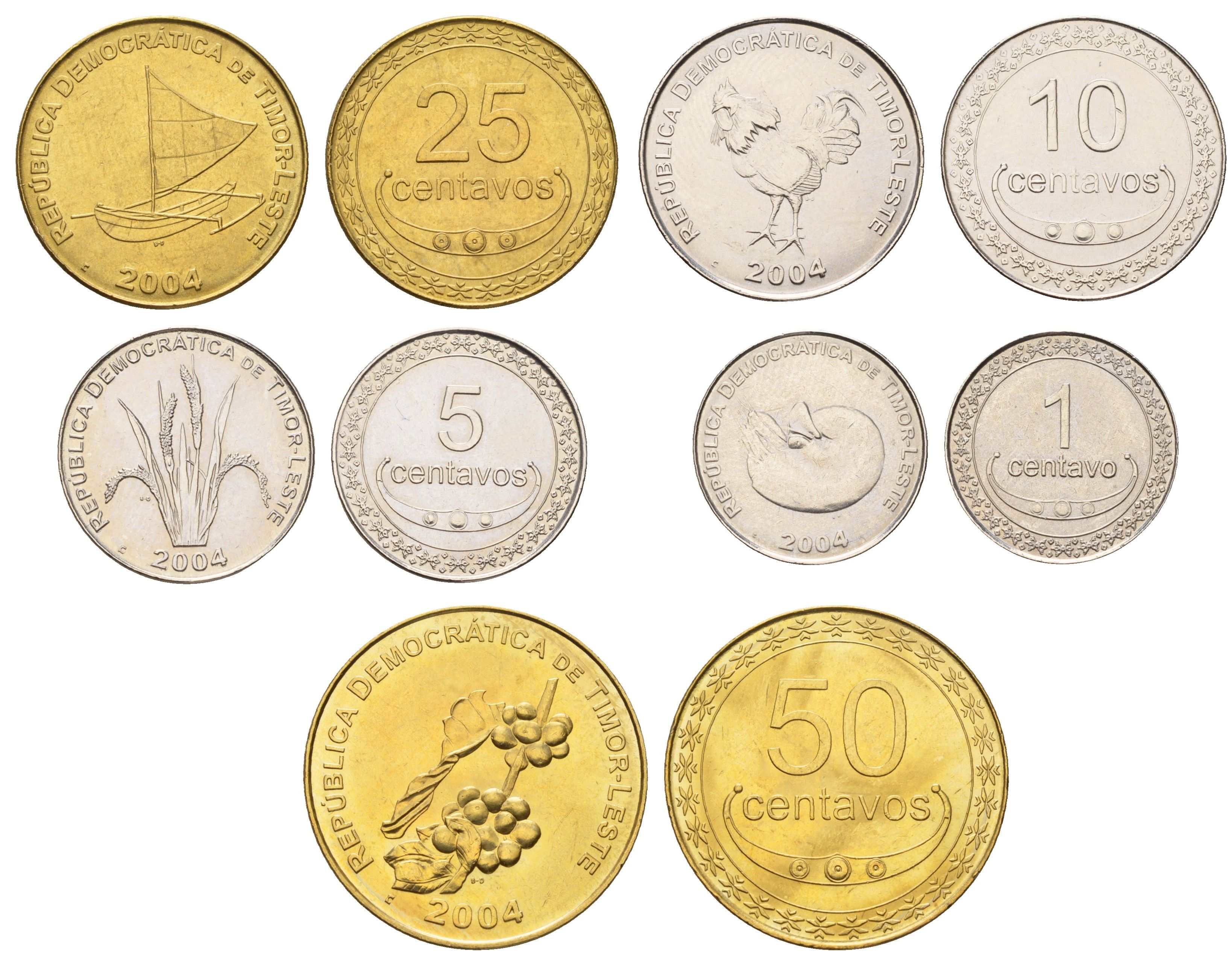 Восточный Тимор годовой набор из 5 монет (1, 5, 10, 25 и 50 сентаво) 2004 KM 1, 2, 3, 4 и 5 UNC 4671-653-657