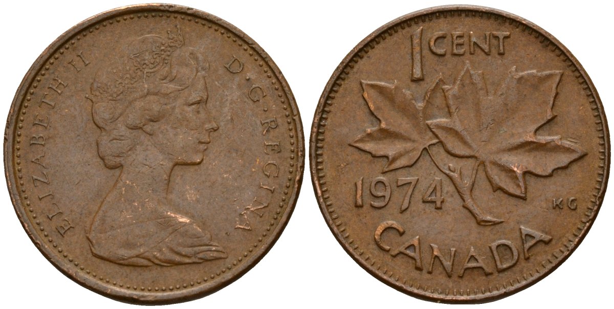 Канада 1 цент 1974 Елизавета II (1952-2022), кленовый лист KM 59.1 бронза 4189-869