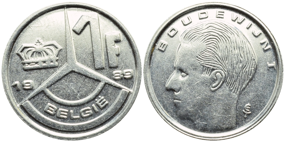 БЕЛЬГИЯ 1 ФРАНК 1989 BELGIE KM 171 железо плакированное никелем 3999-1169