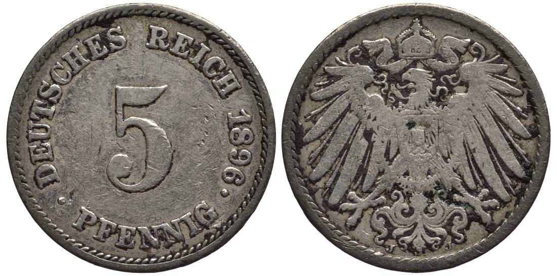 ГЕРМАНИЯ 5 ПФЕННИГОВ 1896 J KM 11, Jager 12, Weege 6 медно-никель 4547-351