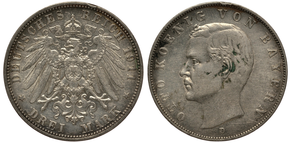 Бавария 3 марки 1911 Отто (1886-1913) Weege 45, J. 47, KM 515 серебро 3711-2021