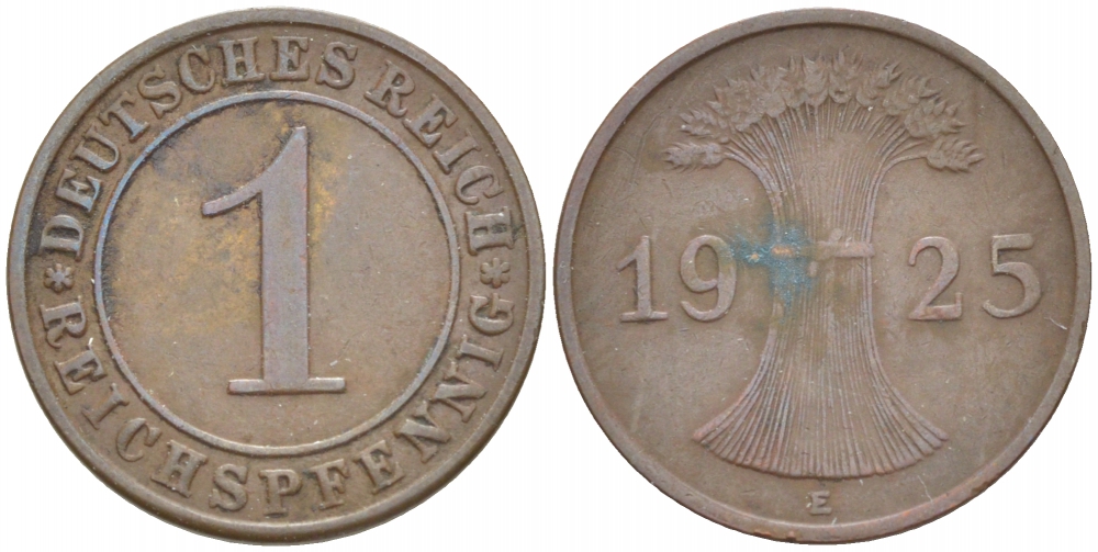 ГЕРМАНИЯ 1 РЕЙХСПФЕННИГ 1925 Е KM 37, J 313 бронза 4532-527
