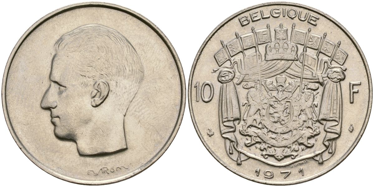 Бельгия 10 франков 1971 Belgique, Бодуэн I (1951-1993) KM 155.1 никель 4135-1026