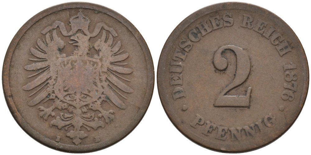 Германия 2 пфеннига 1876 B, старогербовка KM 2, J. 2 медь 4575-714