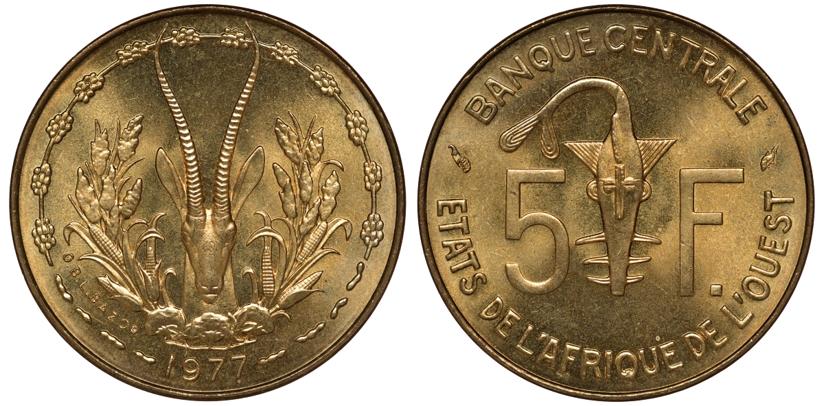 Западно-Африканские штаты 5 франков 1977 KM 2a алюминий никель бронза UNC M52-17