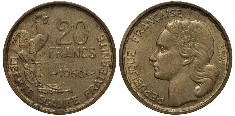 Франция 20 франков 1950 петух, полная подпись, 4 пера KM 916.1, Le Franc 401.3 алюминиевая бронза 650-1034