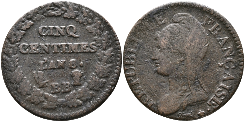 ФРАНЦИЯ 5 САНТИМОВ L'AN 8 ВВ KM 640.4 (С135.4) бронза 28-931