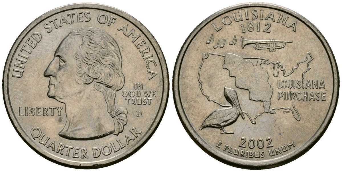 США 25 центов = квотер 2002 D, серия штаты США, Луизиана KM 333 медь плакированный медно-никелем 4138-1014