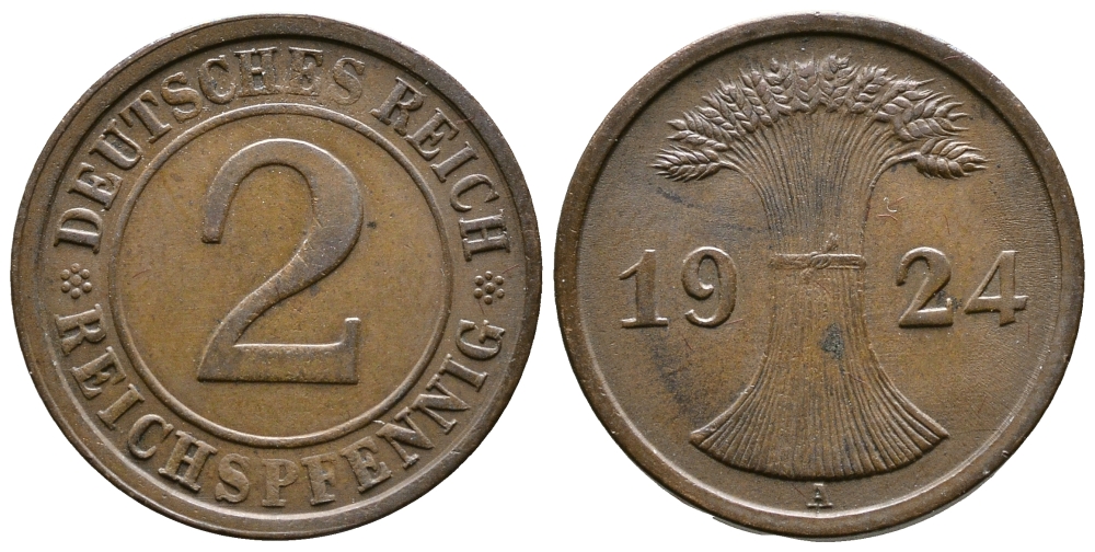 ГЕРМАНИЯ 2 РЕЙХСПФЕННИГА 1924 A KM 38, J. 314 бронза 176-215