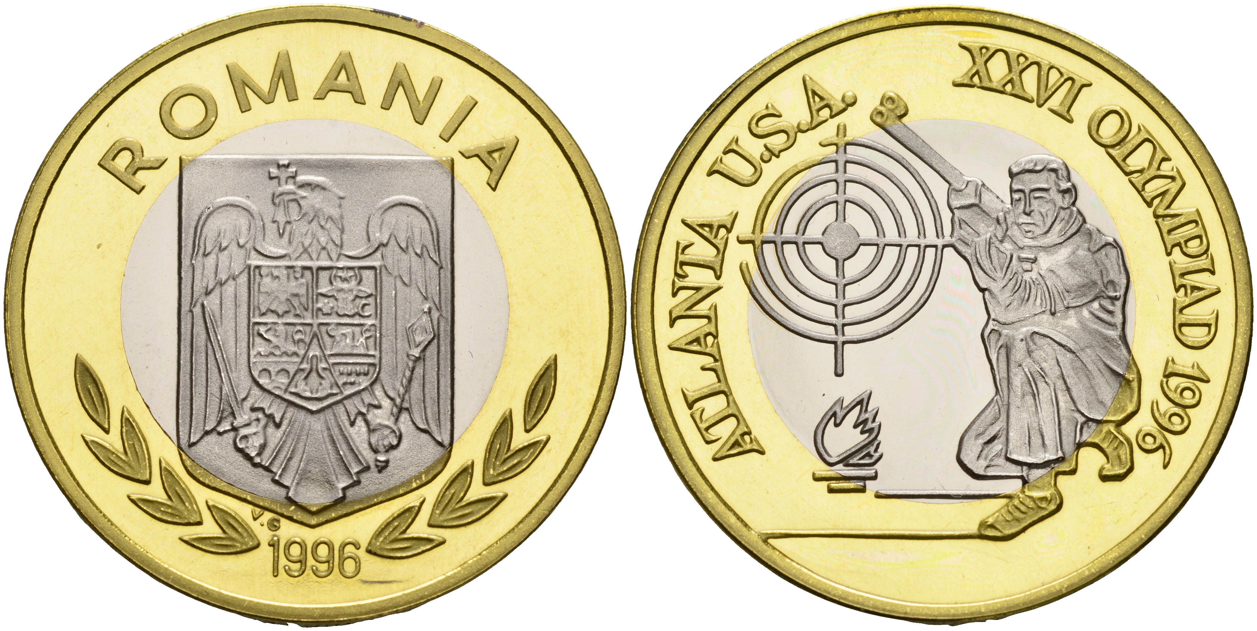 Румыния 100 леев 1996 XXVI Олимпийские игры 1996 года в Атланте, 100 лет Олимпийскому движению, стрельба, пробный выпуск  биметалл  PROOF  11-236-45
