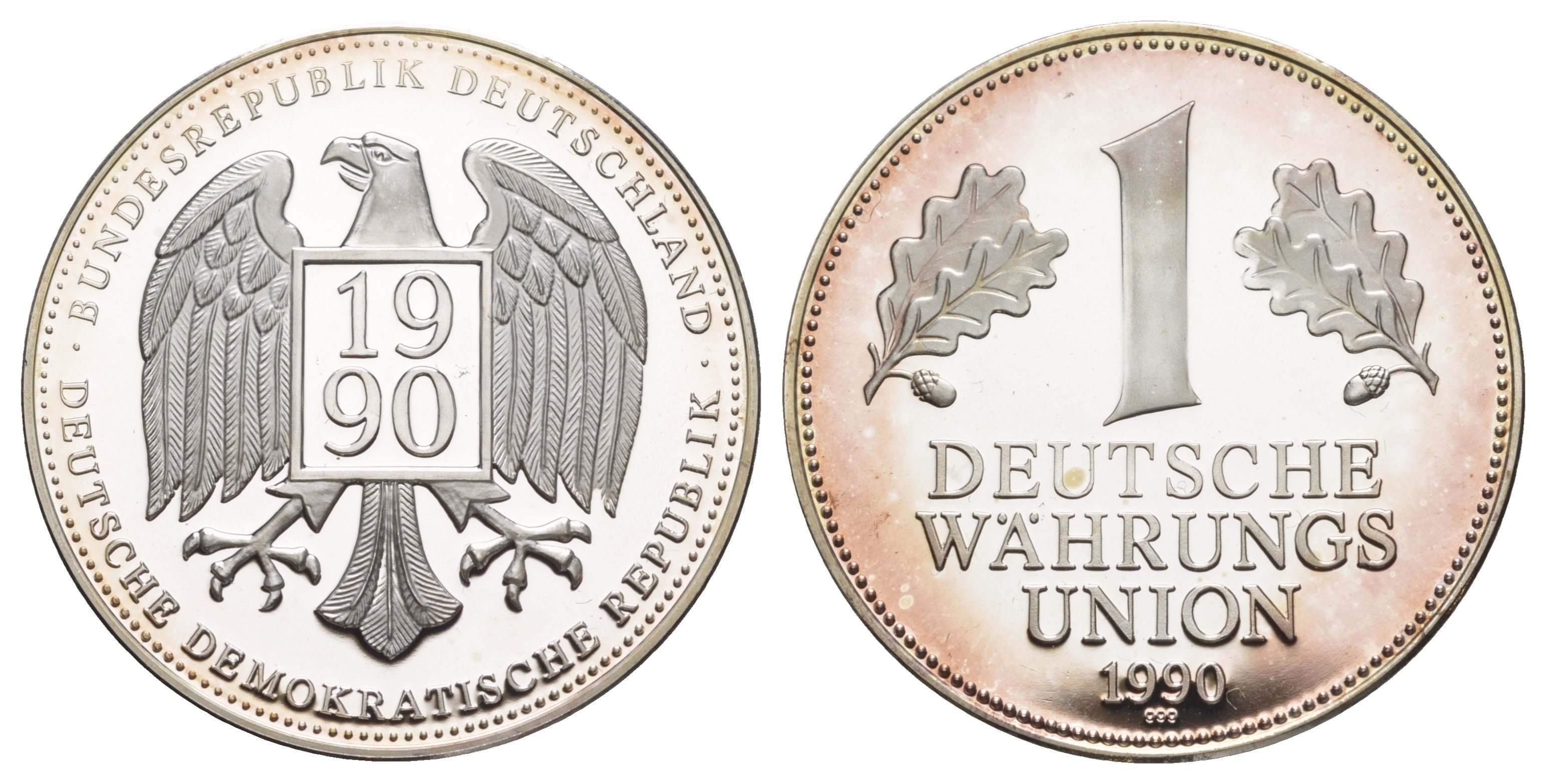 Германия медаль.ю Немецкий валютный союз, 1 марка 1990 диаметр 39 мм, вес 20 гр серебро PROOF 11-322-35