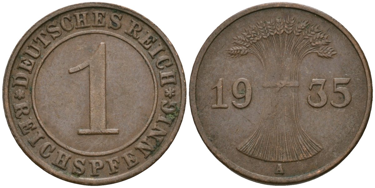 Германия 1 рейхспфенниг 1935 A KM 37, J. 313 бронза 4528-426