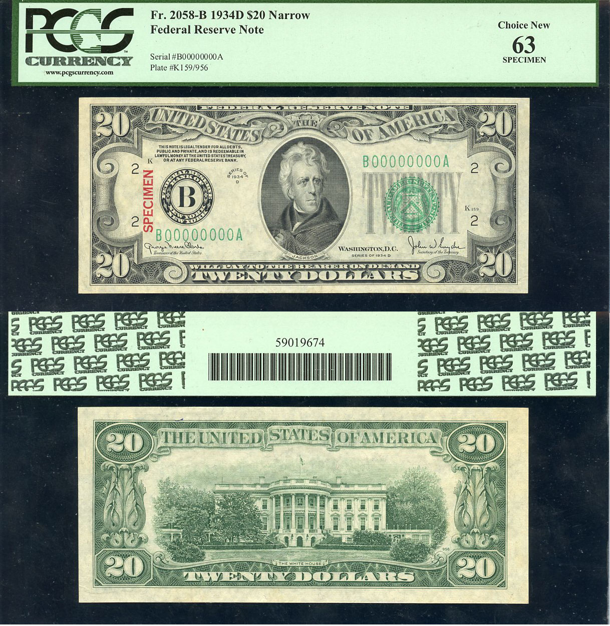 США 20 долларов 1934 SPECIMEN, образец, серия 1934D, B (Нью-Йорк), в слабе PCGS 63 Choice New Pick 431 s, Fr. 2058-B  бумага  UNC (пресс) 10-2-30