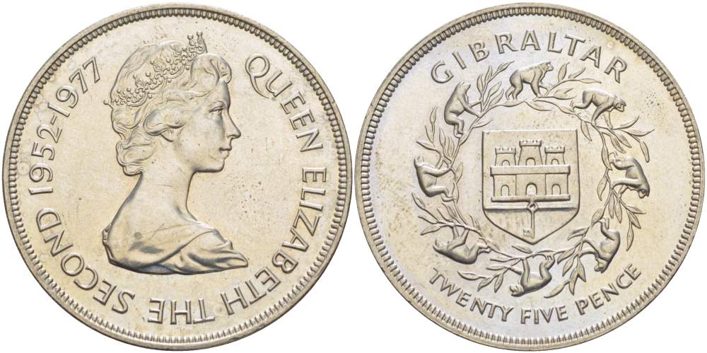 Гибралтар 25 пенсов 1977 25 лет правления Елизаветы II (1952-1977) KM 10 медно-никель 4527-413
