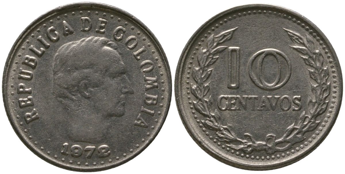 Колумбия 10 сентаво 1972 KM 253 сталь плакированная никелем 4528-658