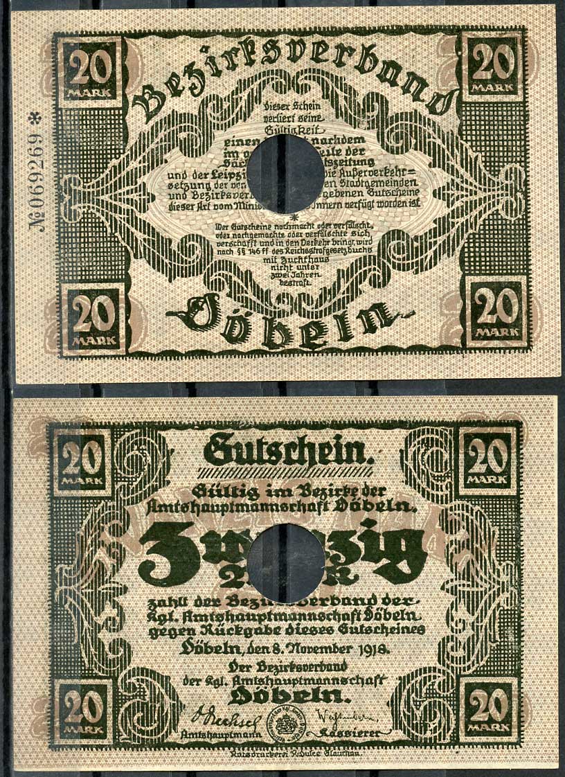 Германия, Дёбельн 20 марок 1918 нотгельд, 8.11.1918, цифры черные, малые Geiger 105.02  бумага  UNC (пресс) 444-128-1-1