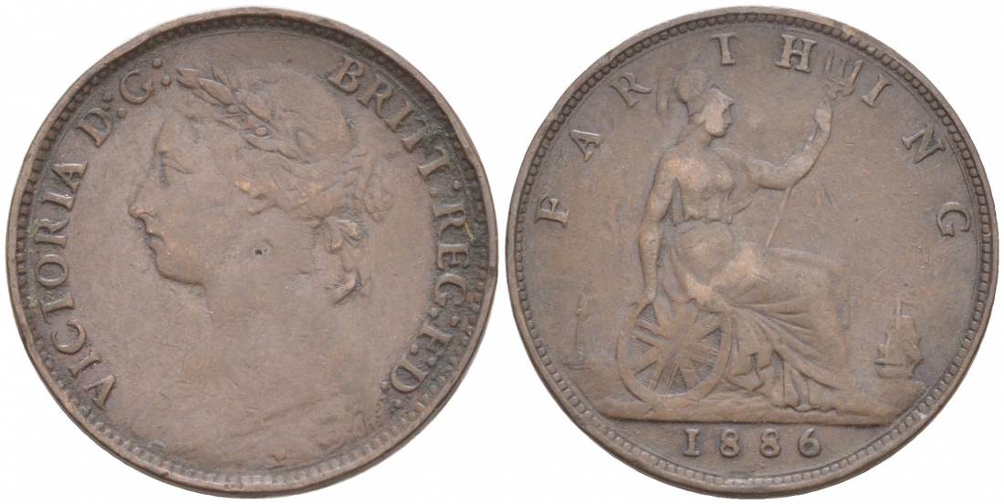 Великобритания 1 фартинг 1886 Виктория (1837-1901) KM 753, Spink 3958 бронза 187-135