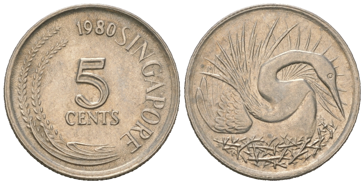 Сингапур 5 центов 1980 большая белая цапля KM 2 медно-никель 4623-414