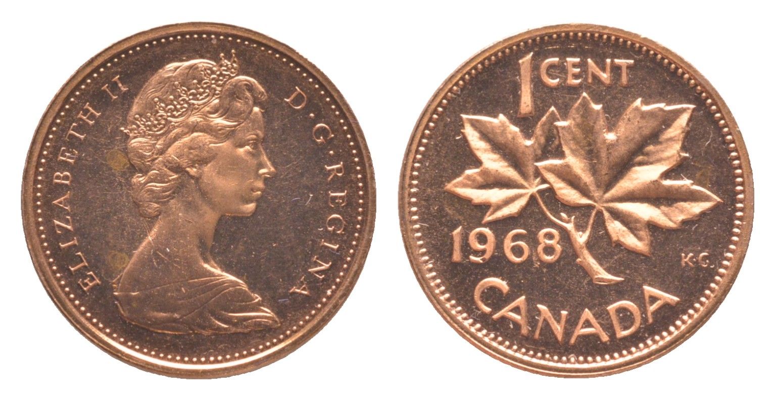 Канада 1 цент 1968 Елизавета II (1952-2022), кленовый лист KM 59 бронза PROOF-LIKE (BU) 4639-332