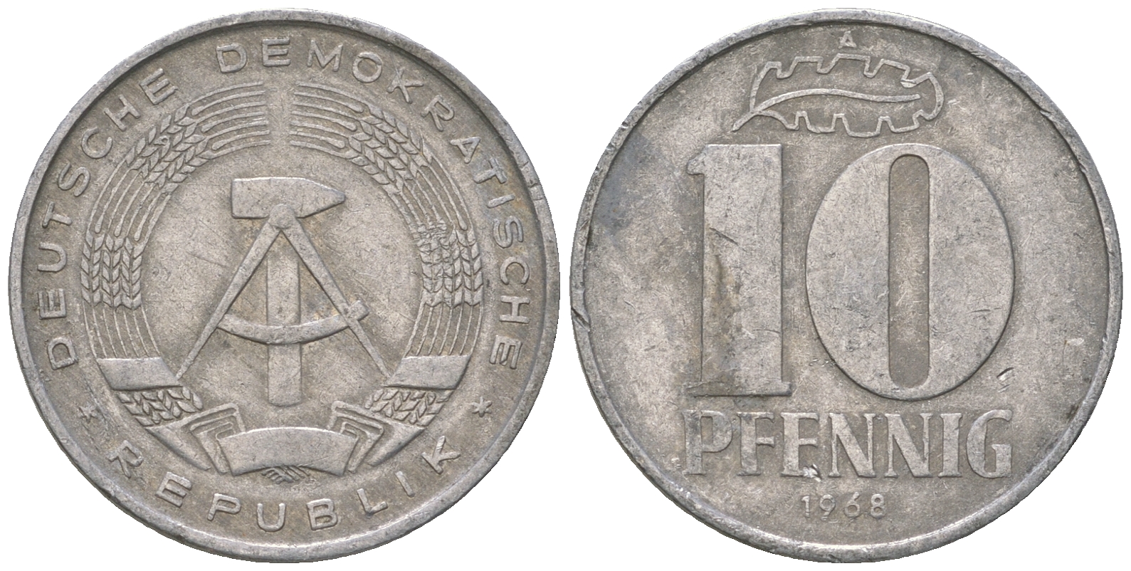 ГДР 10 пфеннигов 1968 A KM 10 алюминий 3459-622