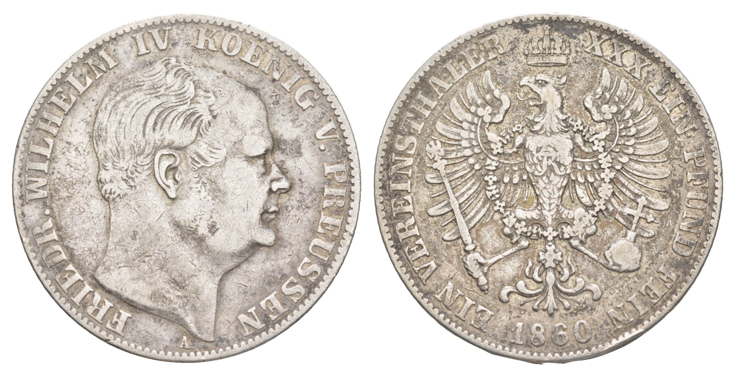 Пруссия 1 союзный талер 1860 A, Фридрих Вильгельм IV (1840-1861) KM 471, Daveenport 775, AKS 78 серебро 1523-841