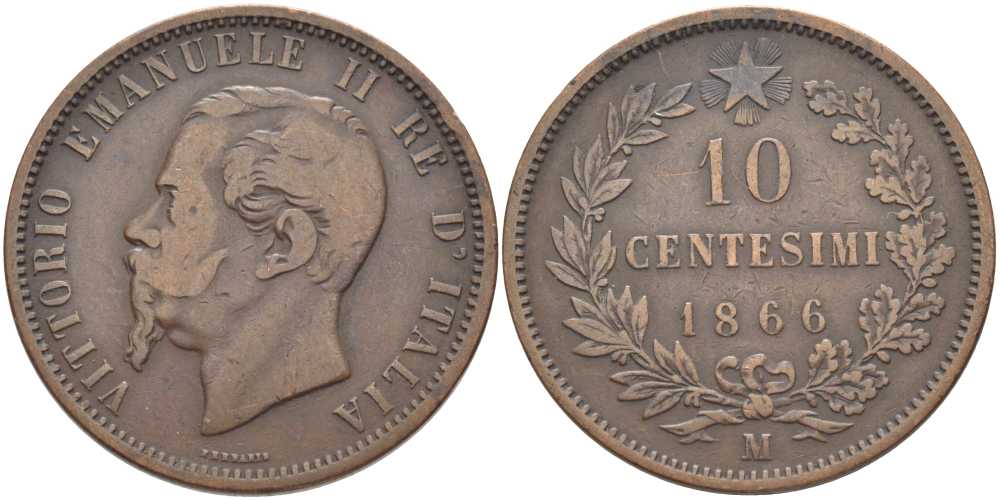 ИТАЛИЯ 10 ЧЕНТЕЗИМО 1866 М, ВИКТОР ЭМАНУИЛ II (1861-1878) KM 11.1 медь 82-312