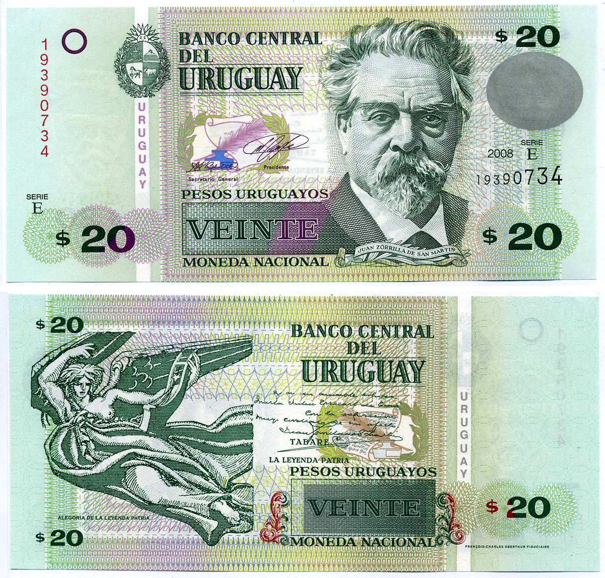 Уругвай 20 песо 2008 Хуан Соррилья де сан Мартин, поэт Pick 86а бумага UNC (пресс) 6294-74-2-2