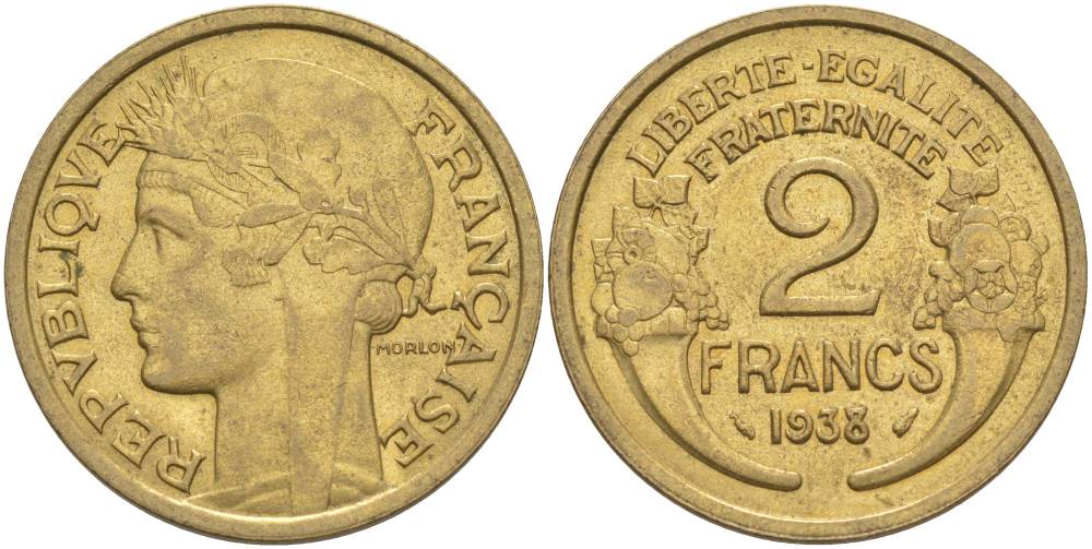 ФРАНЦИЯ 2 ФРАНКА 1938 ТИП MORLON KM 886, LE FRANC 268.11 алюминиевая бронза 69-1245