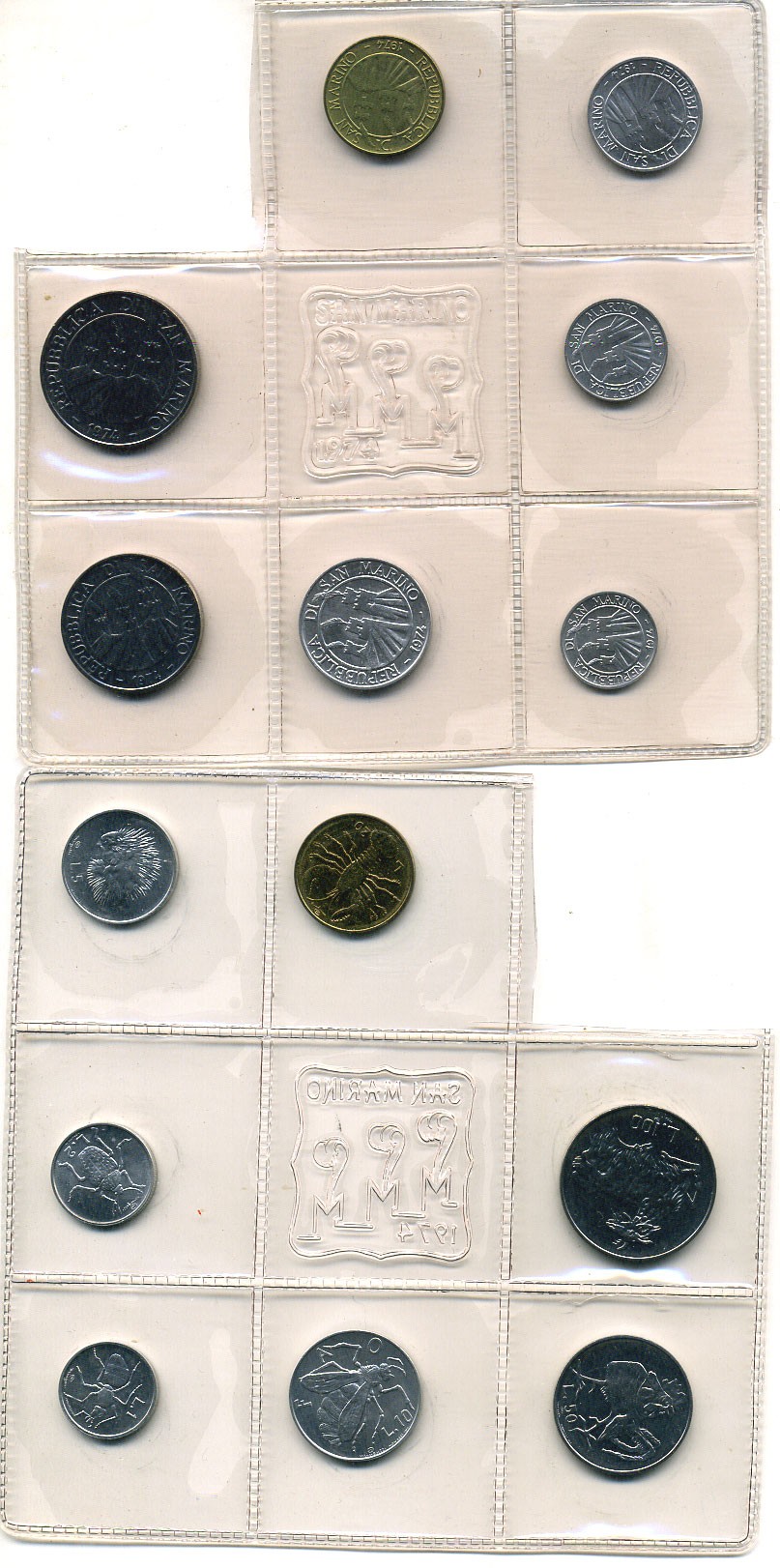 Сан-Марино годовой набор из 7 монет 1974 1, 2, 5, 10, 20, 50 и 100 лир, в оригинальном буклете KM 30-36 UNC 8-1-01-07