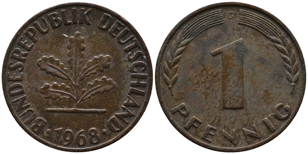 ФРГ 1 пфенниг 1968 G KM 105, J.380 сталь плакированная медью 99-265