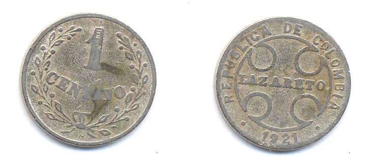 Колумбия 1 сентаво 1921 государственный лепрозорий KM L9 медно-никель 53-122