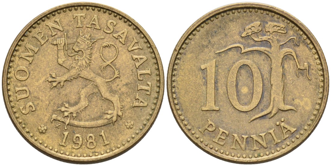 ФИНЛЯНДИЯ 10 ПЕННИ 1981 K KM 46 алюминиевая бронза 192-1046