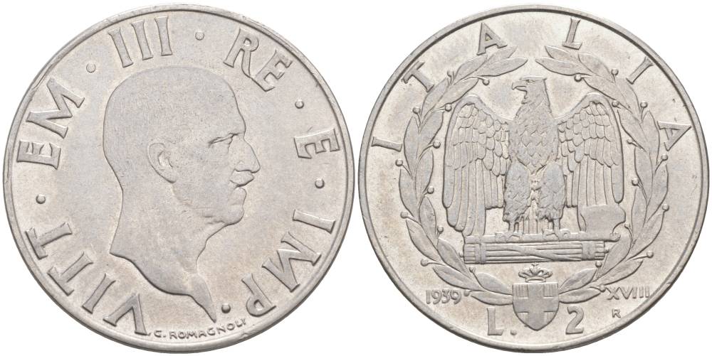 ИТАЛИЯ 2 ЛИРЫ 1939 R, ГОД XVIII, ВИКТОР ЭММАНУИЛ III (1900-1946), МАГНИТНАЯ, ГУРТ РИФЛЁНЫЙ KM 78b, VEM3. 1152 нержавеющая сталь 3855-225