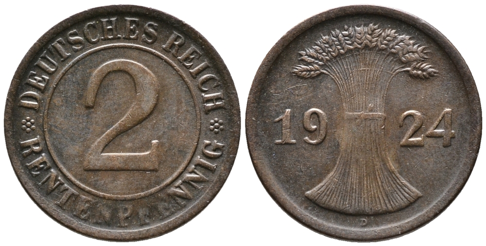 ГЕРМАНИЯ 2 РЕНТЕНПФЕННИГА 1924 D KM 31, J. 307 бронза 24-514